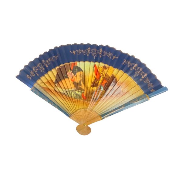 Vintage Handheld Folding Fan Spanish 1960s Flamenco Dancers Scene Blue Retro Fan - Picture 5 of 6